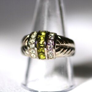 Silver Tone Women's Ring with Cubic Zirconia and Faux Peridot Stones Size 9